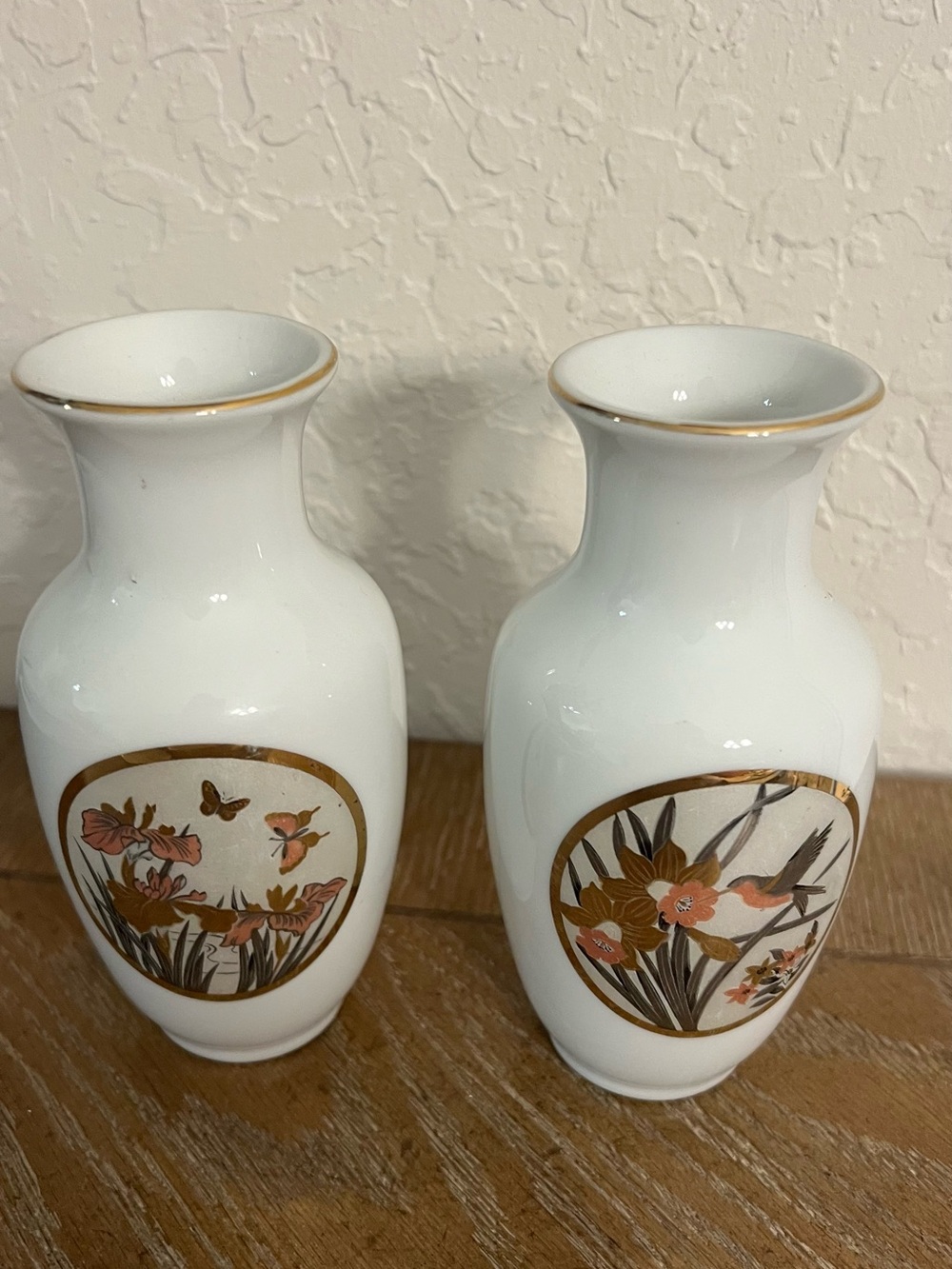 Pair of White Ceramic Vases with Gold Trim and Coral Floral Motif